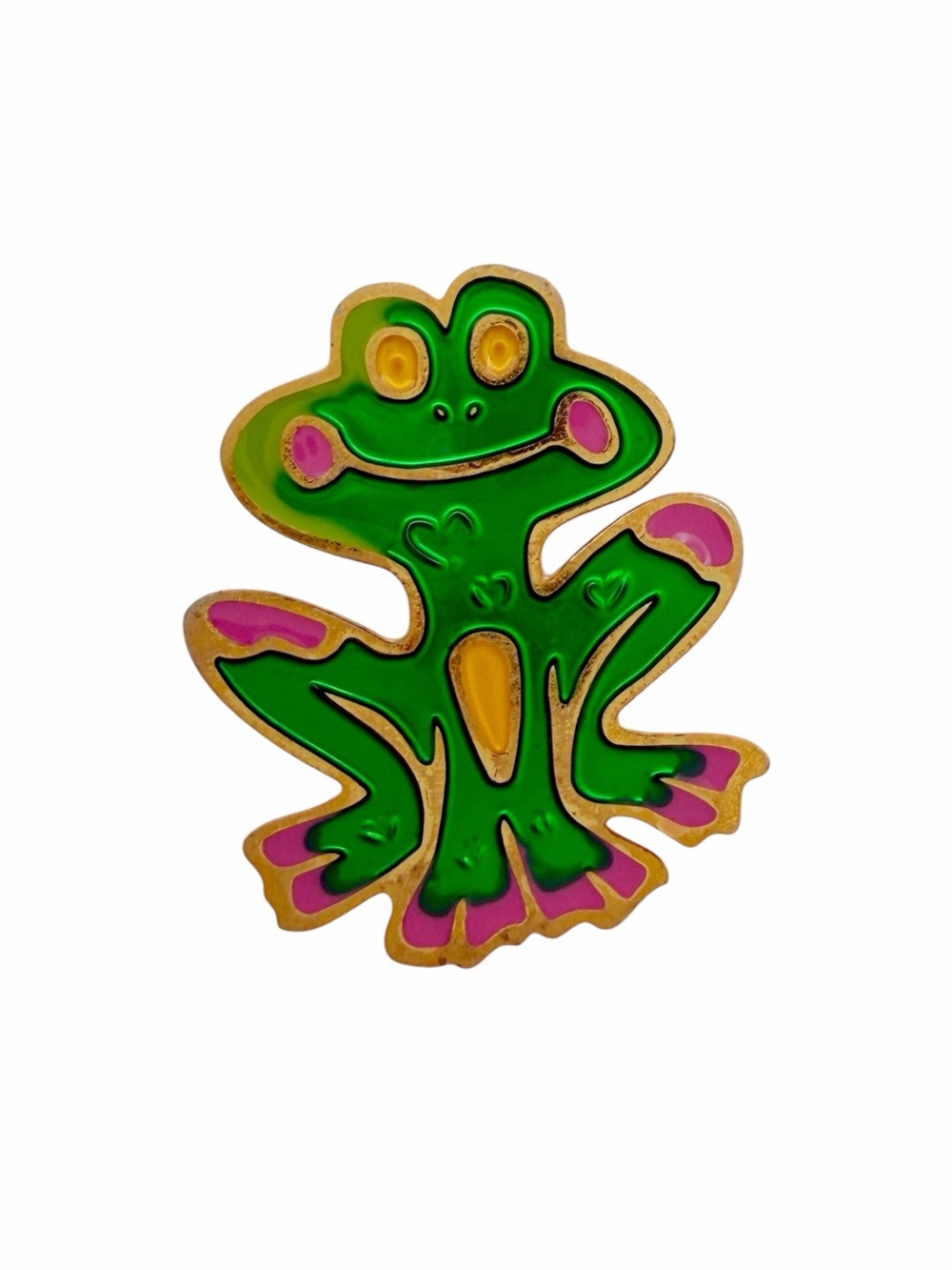 Vintage Two Hands Frog Pin Green Enamel Gold Tone Whimsical Brooch